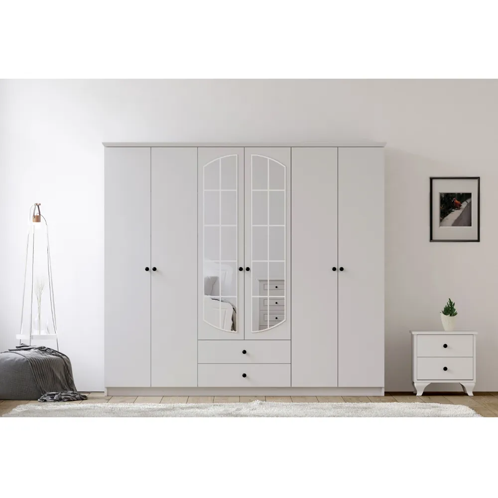ECU 6 Door 2 Drawer Mirrored Wardrobe - White