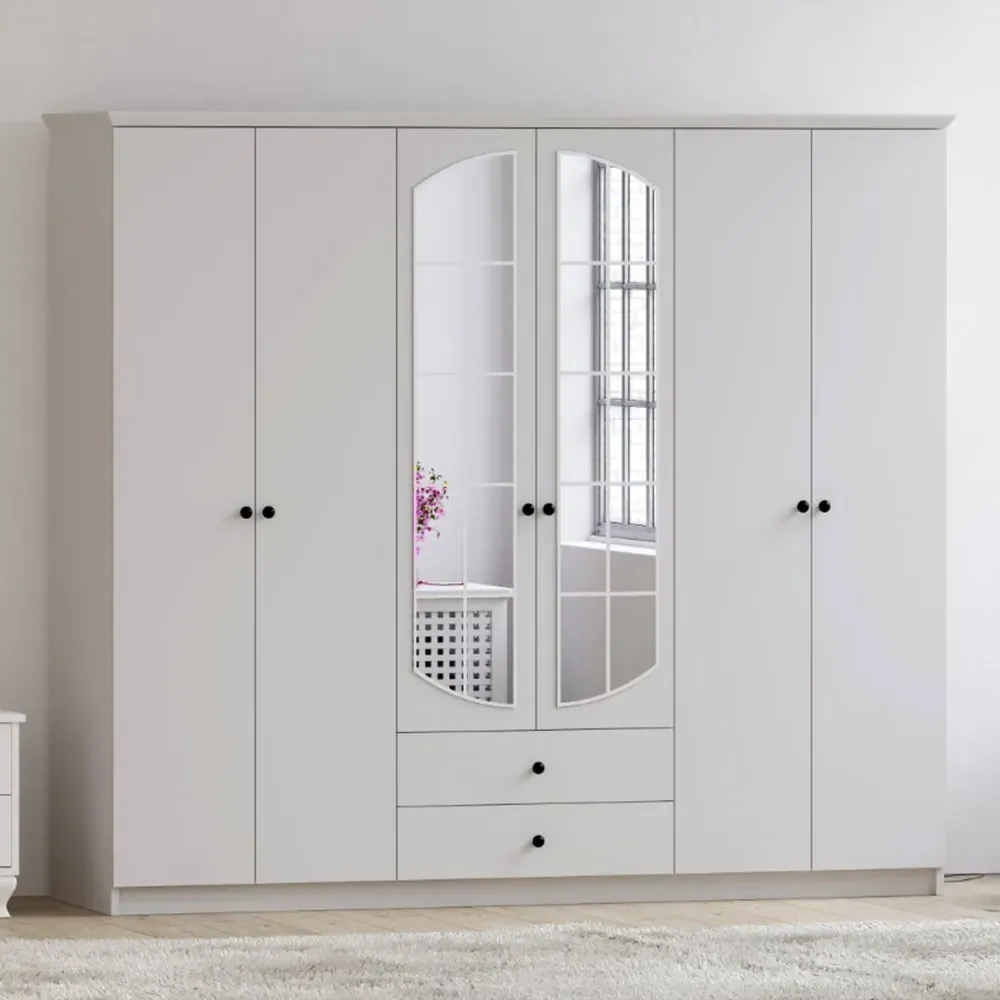 ECU 6 Door 2 Drawer Mirrored Wardrobe - White