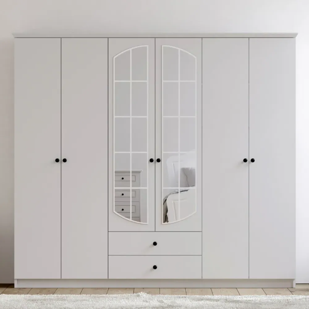 ECU 6 Door 2 Drawer XL Mirror Wardrobe - White
