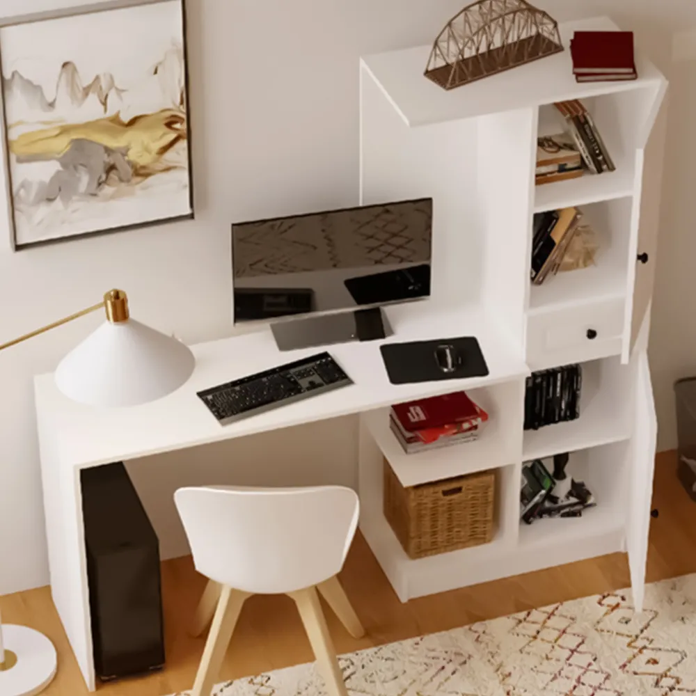 Elise 2 Door Single Drawer Storage Desk with Shelves - White