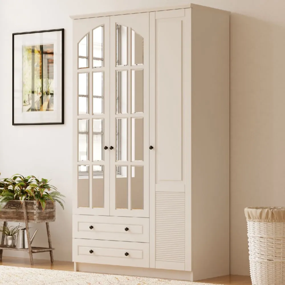 Elise Extra Large 3 Door 2 Drawer Mirrored Wardrobe - White