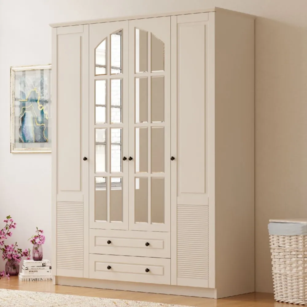 Elise Extra Large 4 Door 2 Drawer Mirror Wardrobe - White