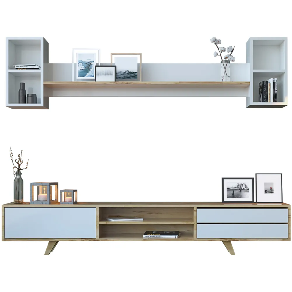 FARSO Single Door TV Cabinet with 2 Drawers - White, Oak