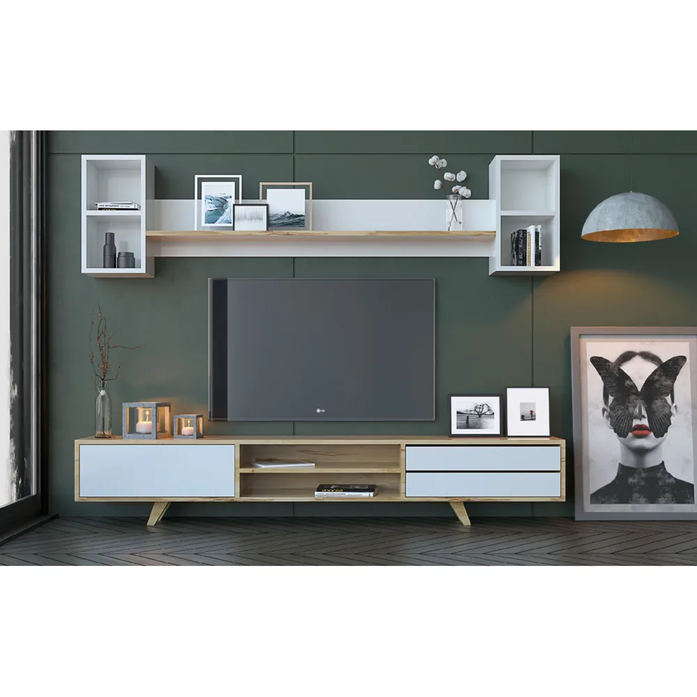 FARSO Single Door TV Cabinet with 2 Drawers - White, Oak