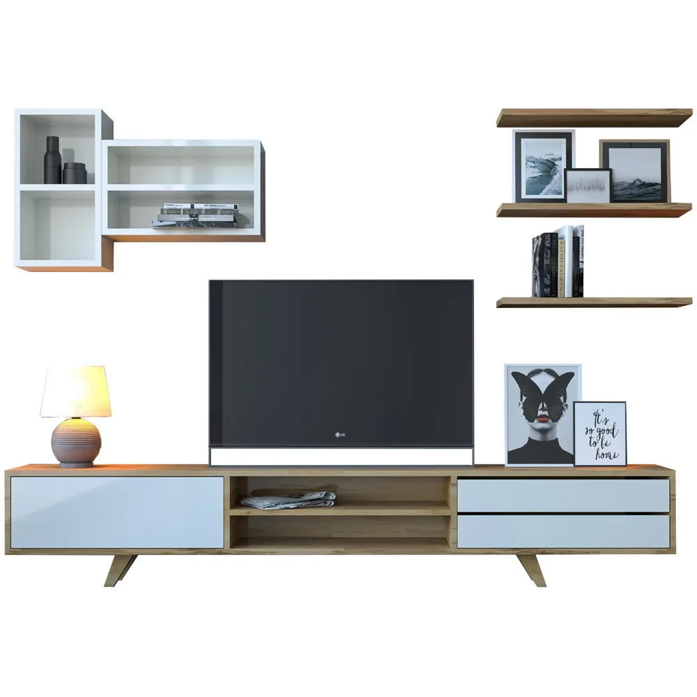 HARLEV Single Door TV Cabinet with 2 Drawers - White, Oak