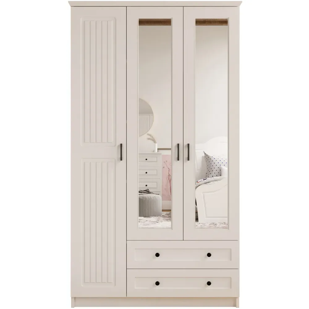 JULIET 3 Door Mirror Wardrobe with Drawers - White