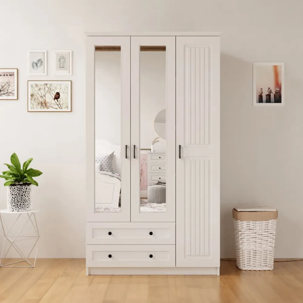 JULIET 3 Door Mirror Wardrobe with Drawers - White