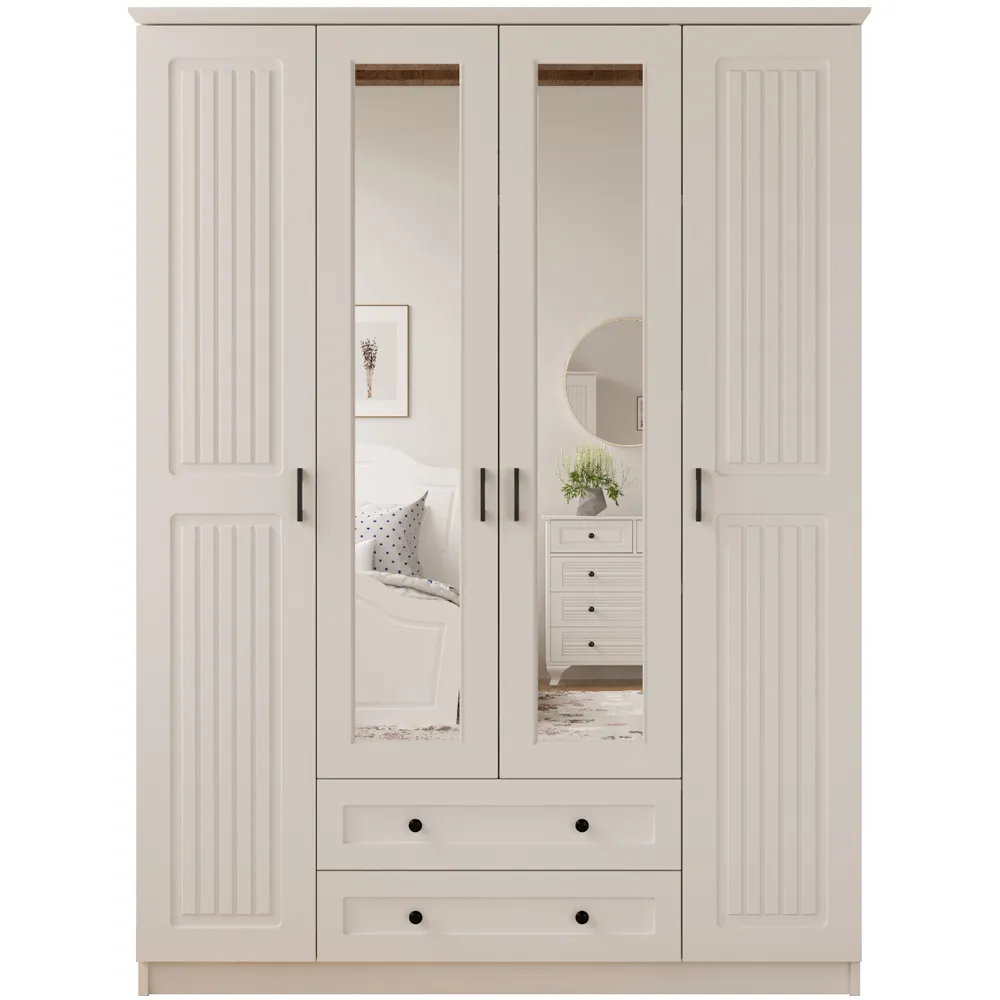 JULIET 4 Door Mirror Wardrobe with Drawers - White