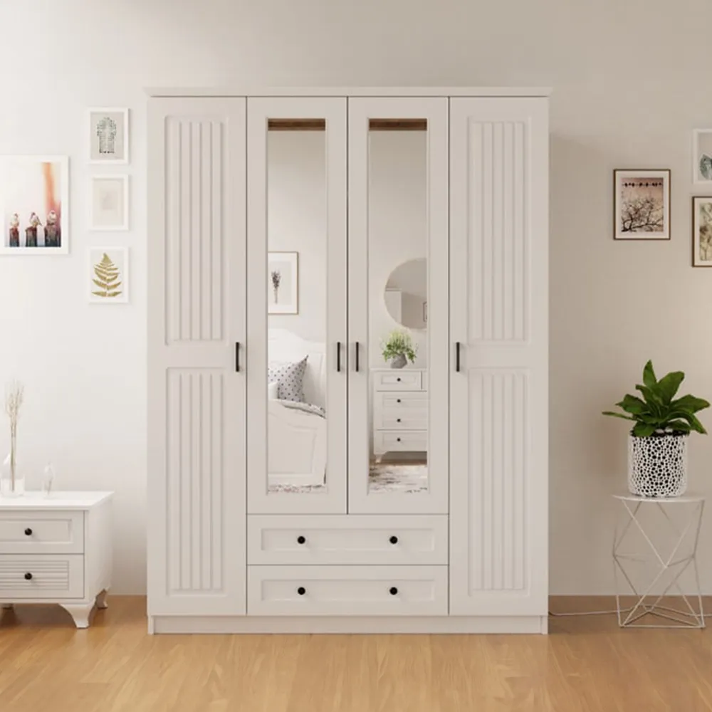 JULIET 4 Door Mirror Wardrobe with Drawers - White