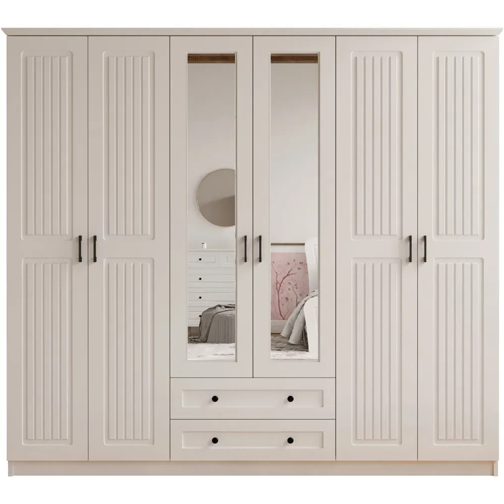 JULIET 6 Door Mirror Wardrobe with Drawers - White