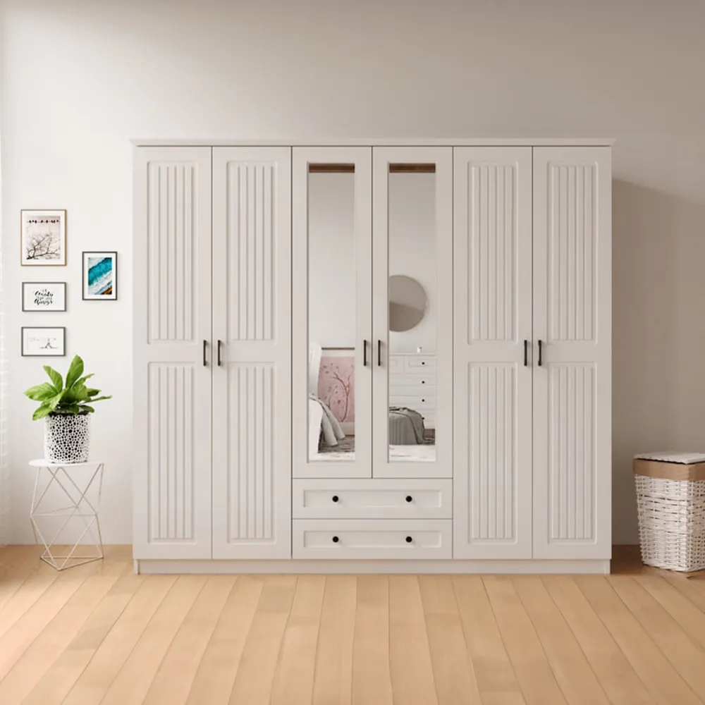 JULIET 6 Door Mirror Wardrobe with Drawers - White