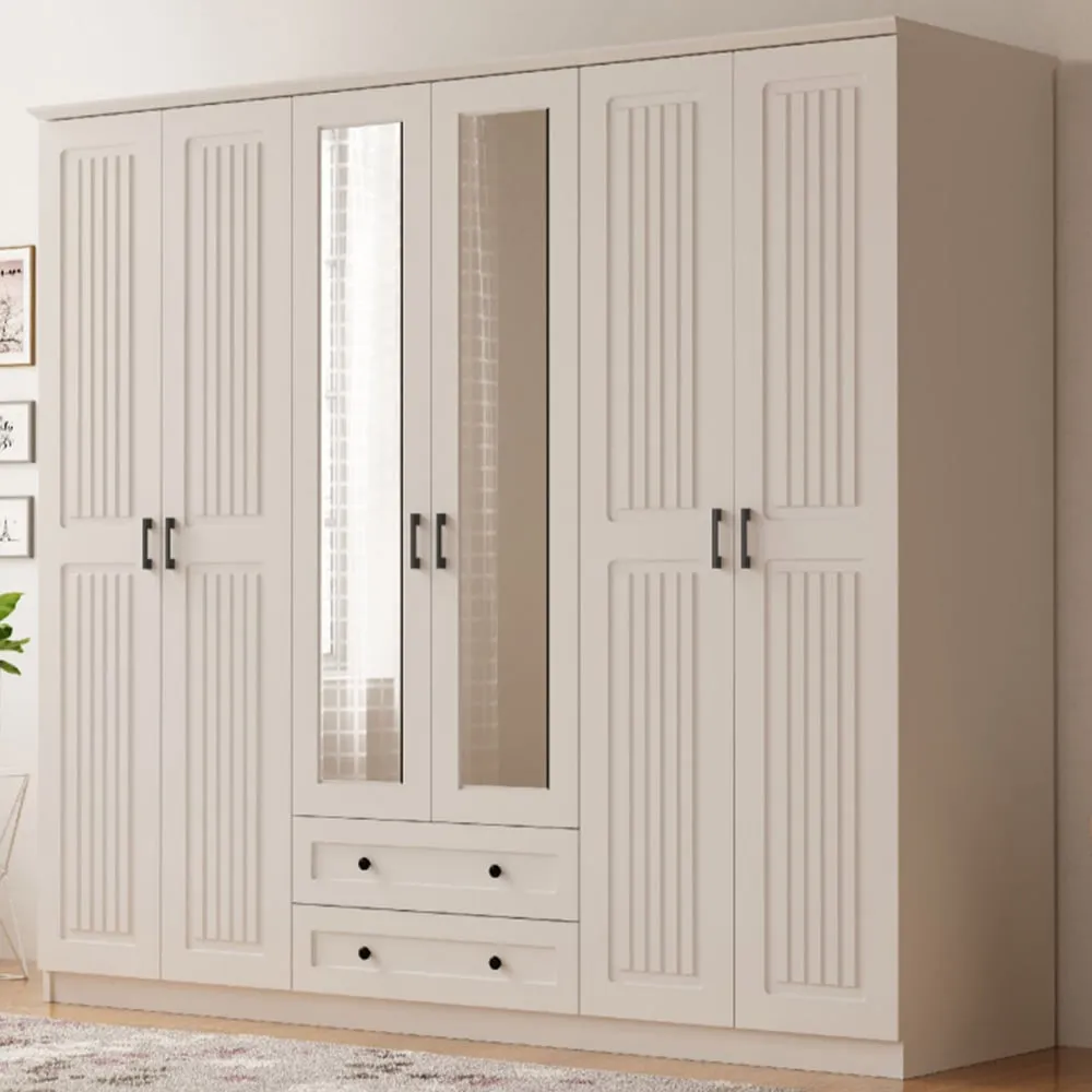 JULIET 6 Door Mirror Wardrobe with Drawers - White
