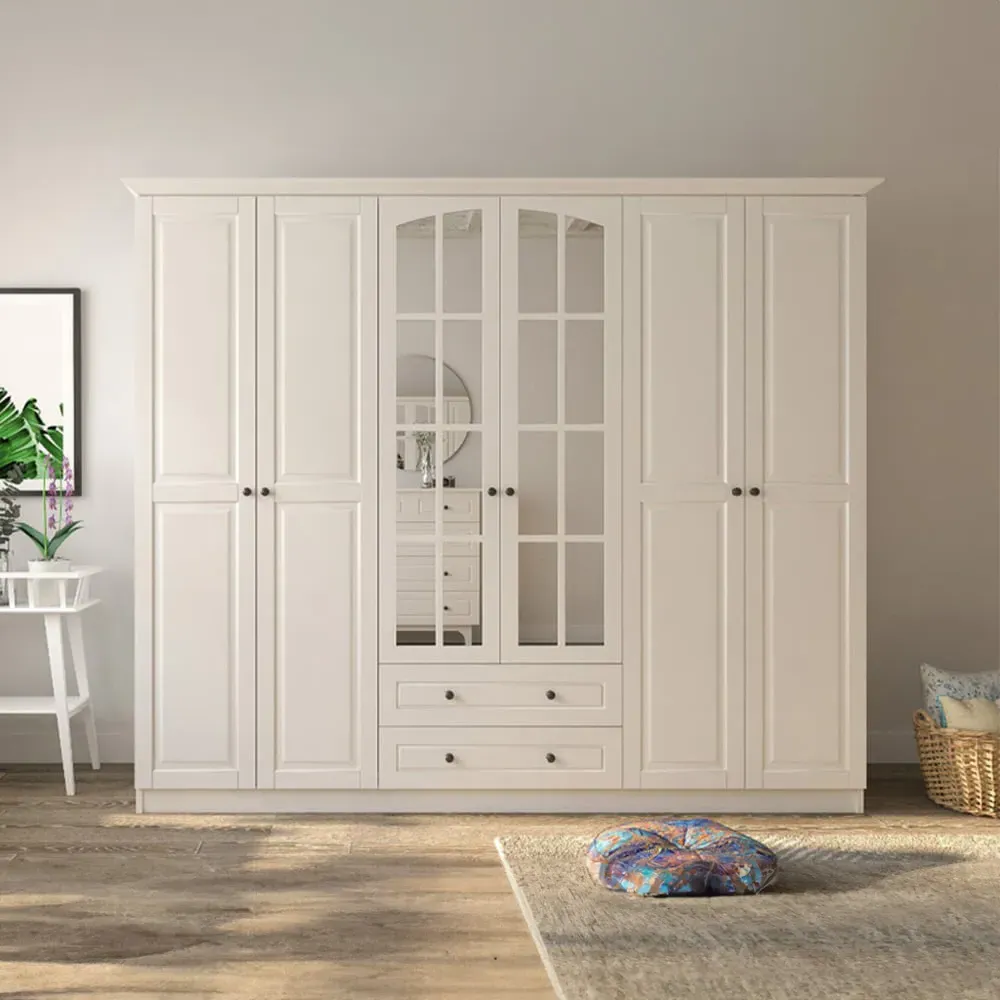 MAISON 6 Door 2 Drawer Wardrobe with Mirror - White