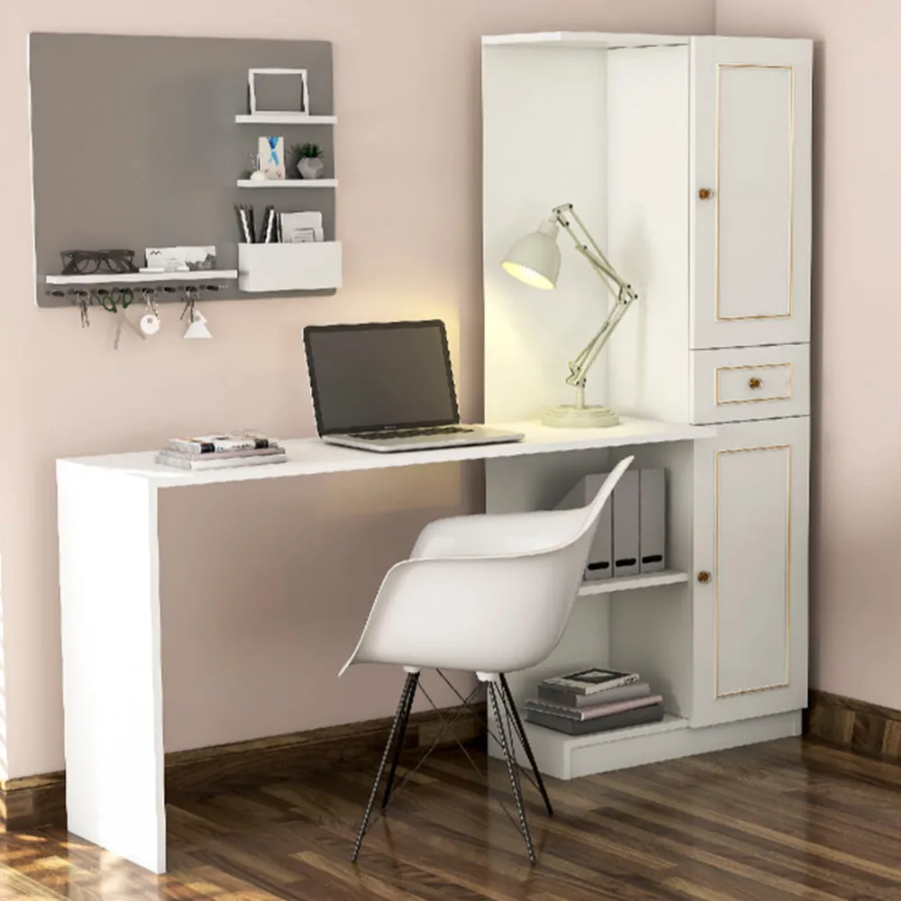MARIE 2 Door Single Drawer Home Office Desk - White, Gold