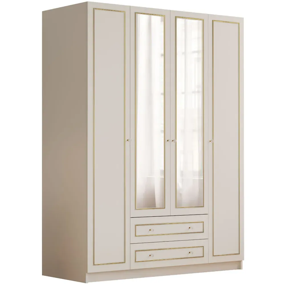 MARIE 4 Door XL Mirrored Wardrobe with Storage - White, Gold