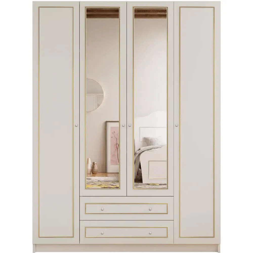 MARIE 4 Door XL Mirrored Wardrobe with Storage - White, Gold