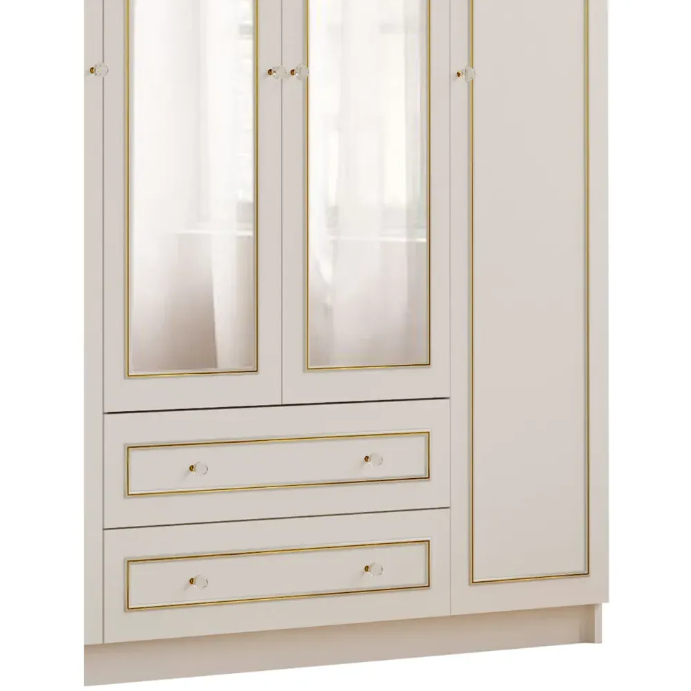 MARIE 4 Door XL Mirrored Wardrobe with Storage - White, Gold