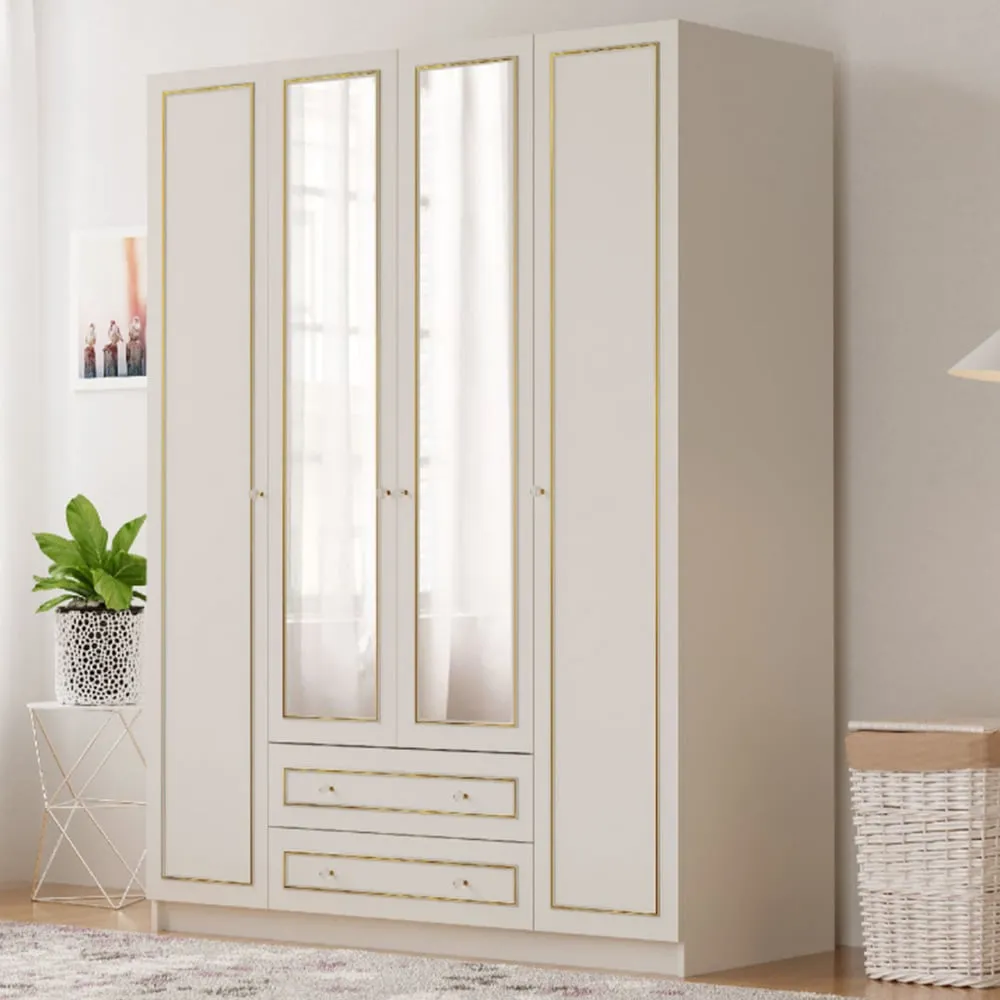 MARIE 4 Door XL Mirrored Wardrobe with Storage - White, Gold image