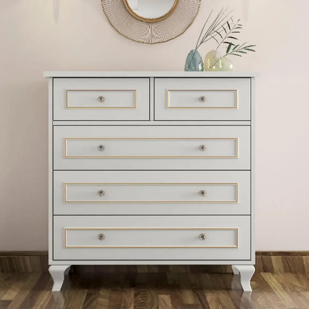 MARIE 5 Drawer Chest of Drawers - White, Gold