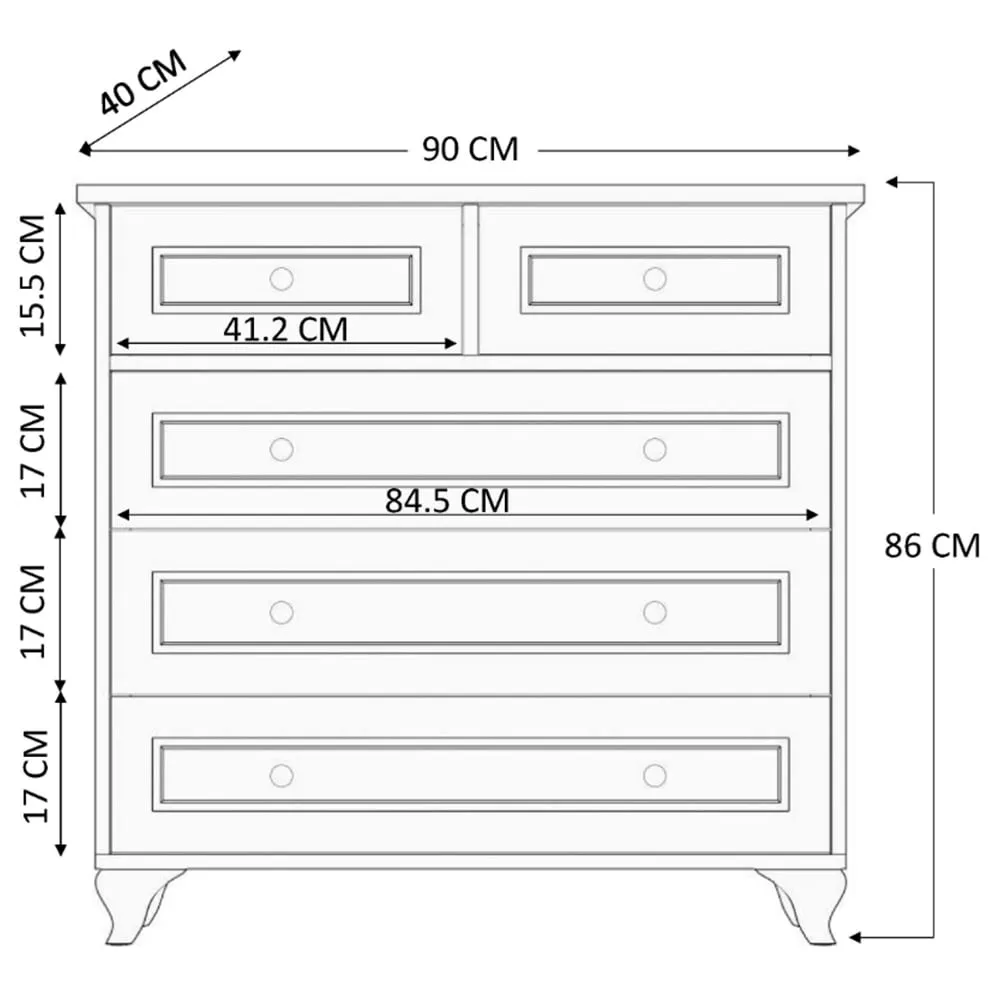 MARIE 5 Drawer Chest of Drawers - White, Gold