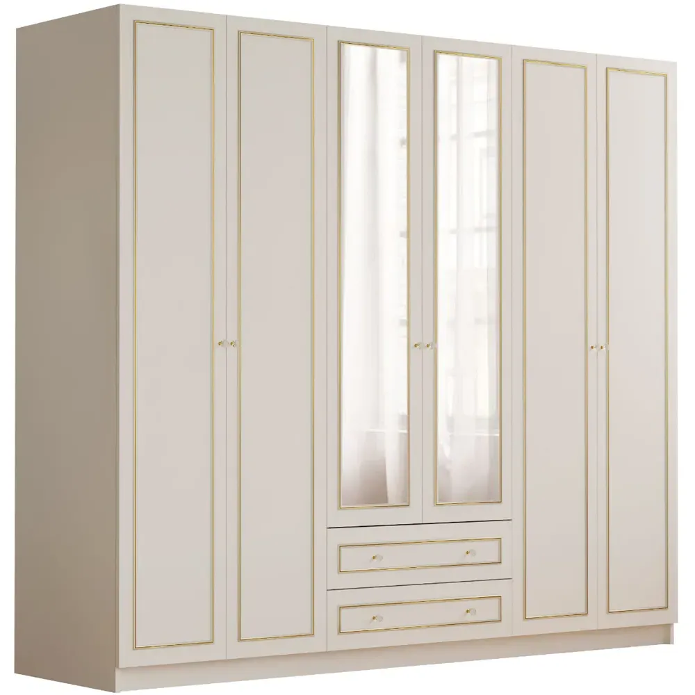 MARIE 6 Door 2 Drawer Mirror Wardrobe - White