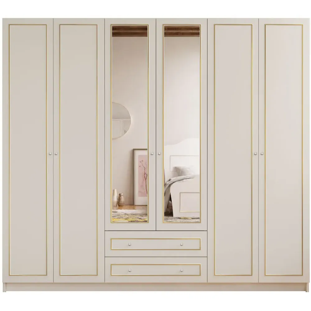 MARIE 6 Door 2 Drawer Mirror Wardrobe - White