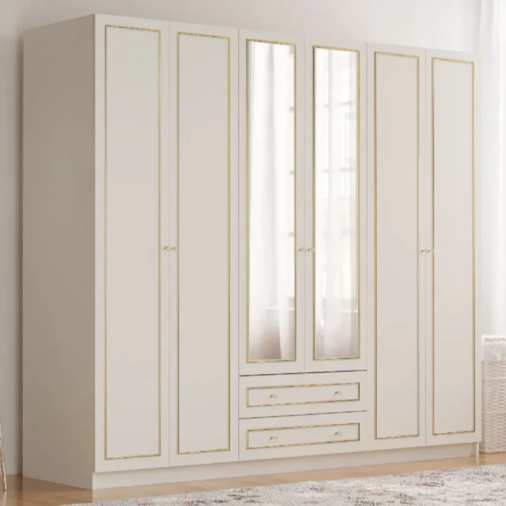 MARIE 6 Door 2 Drawer Mirror Wardrobe - White