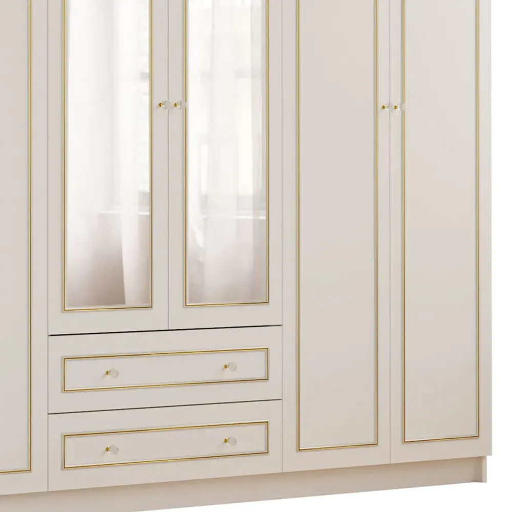 MARIE 6 Door XL Mirrored Wardrobe with Storage - White, Gold