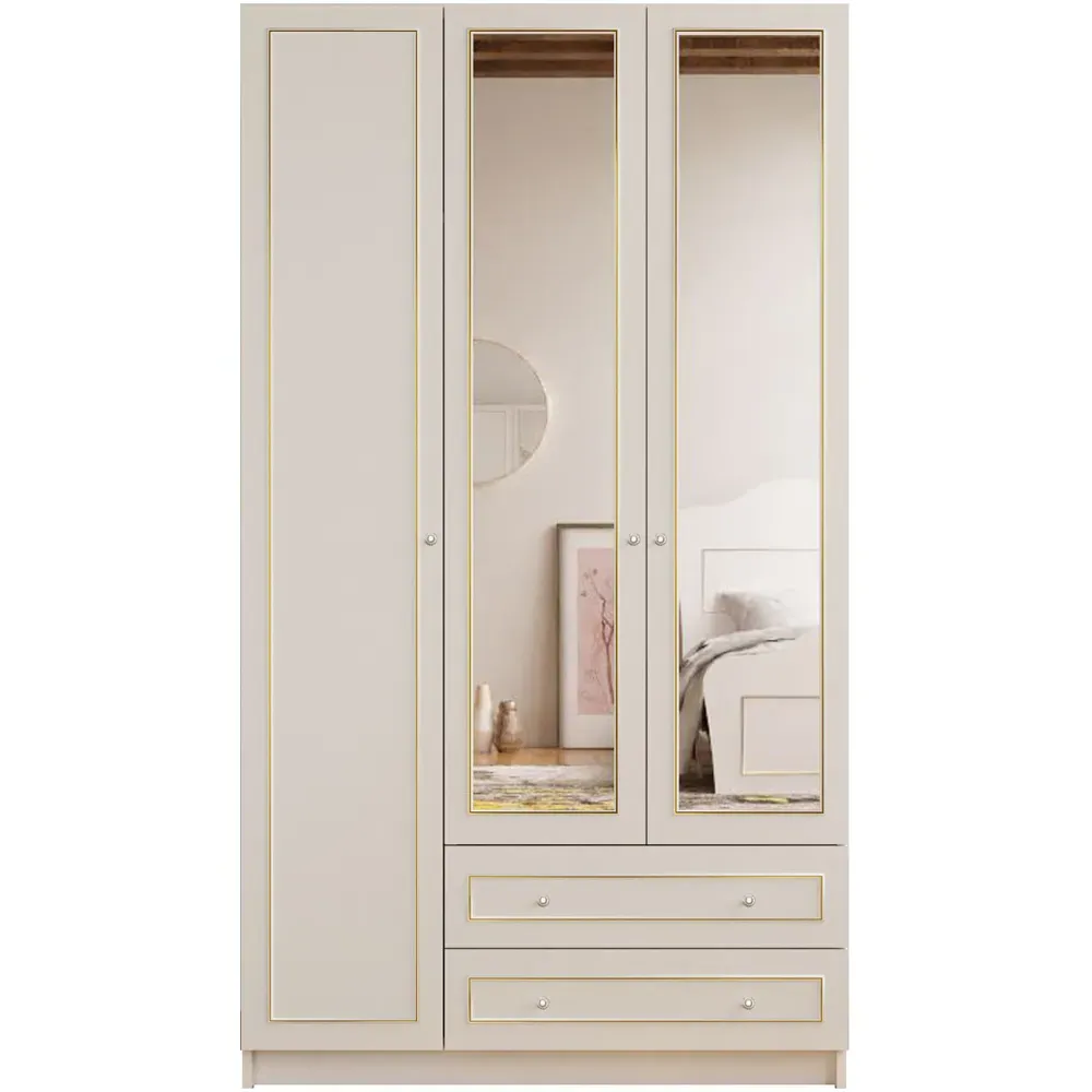 MARIE XL 3 Door 2 Drawer Mirrored Wardrobe - White, Gold