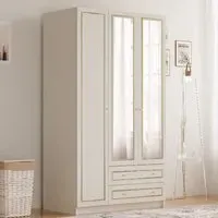 MARIE XL 3 Door 2 Drawer Mirrored Wardrobe - White, Gold