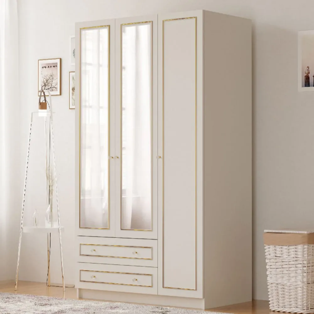 MARIE XL 3 Door 2 Drawer Mirrored Wardrobe - White, Gold
