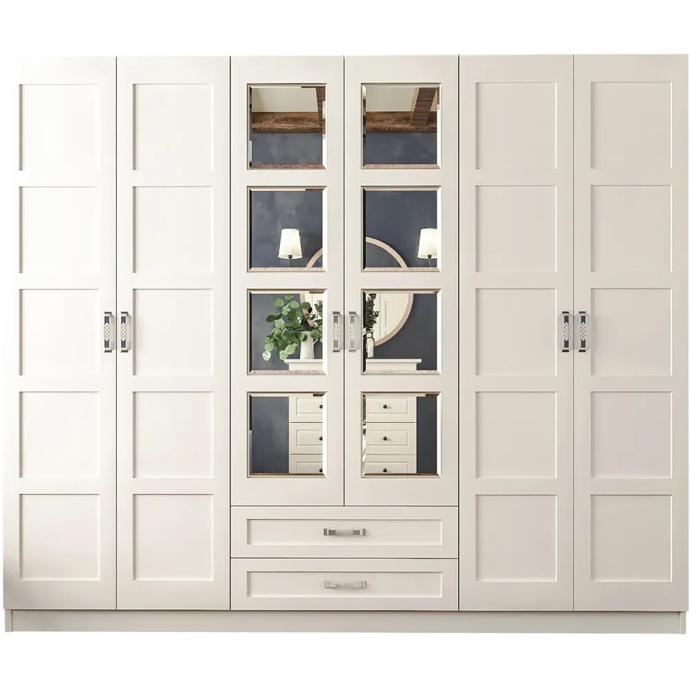 VISTA 6 Door 2 Drawer Mirrored Wardrobe - White