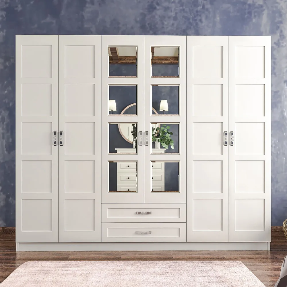 VISTA 6 Door 2 Drawer Mirrored Wardrobe - White