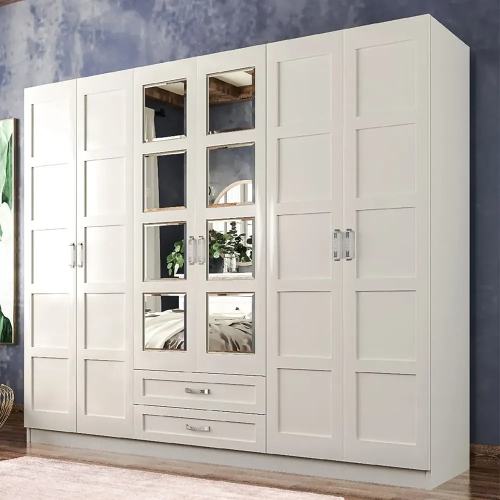 VISTA 6 Door 2 Drawer Mirrored Wardrobe - White