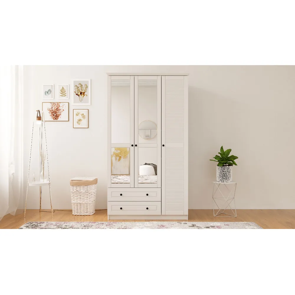 VOLET 3-Door Mirrored Wardrobe with Drawers - White, MDF