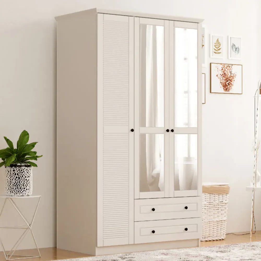VOLET 3-Door Mirrored Wardrobe with Drawers - White, MDF