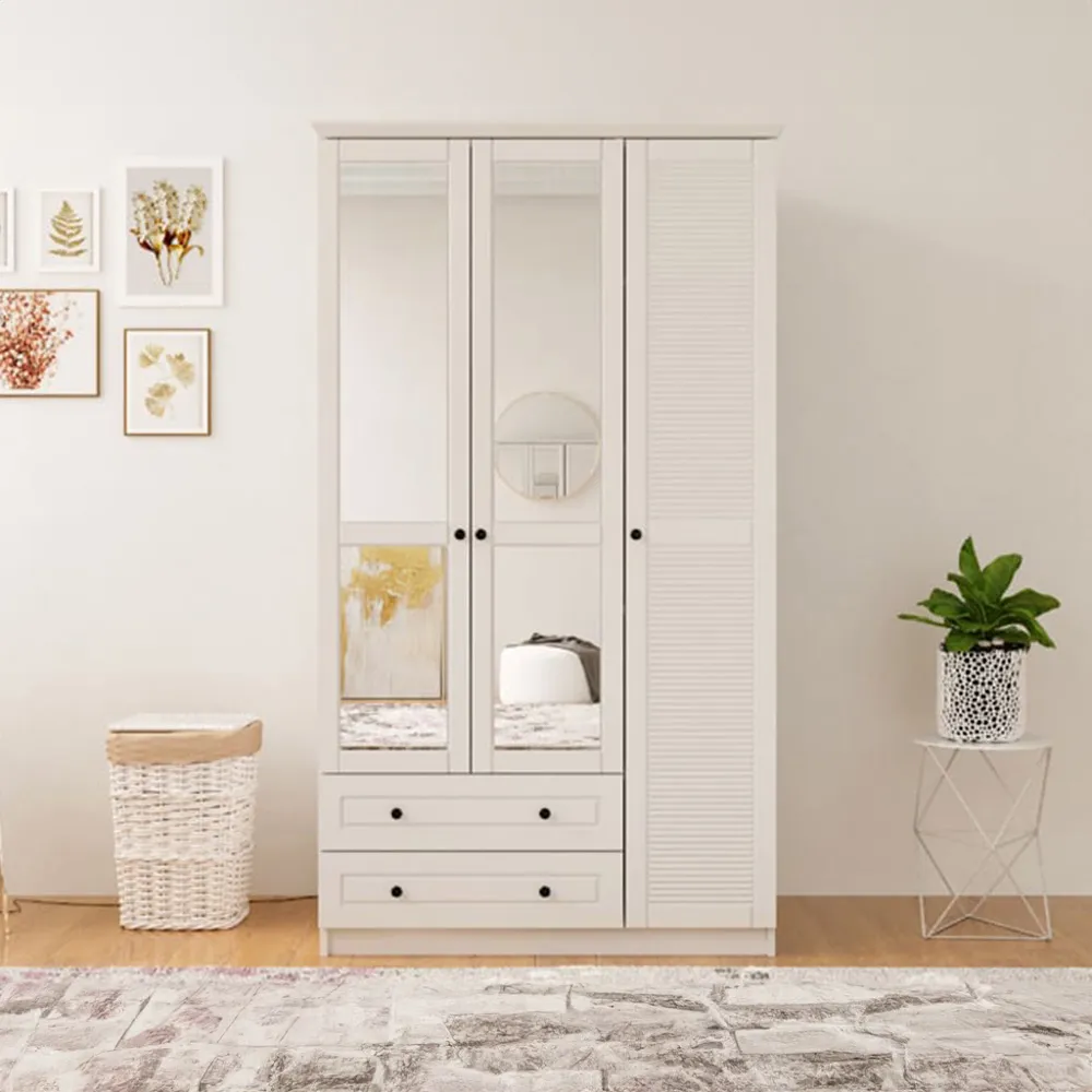 VOLET 3-Door XL Mirrored Wardrobe with Drawers - White