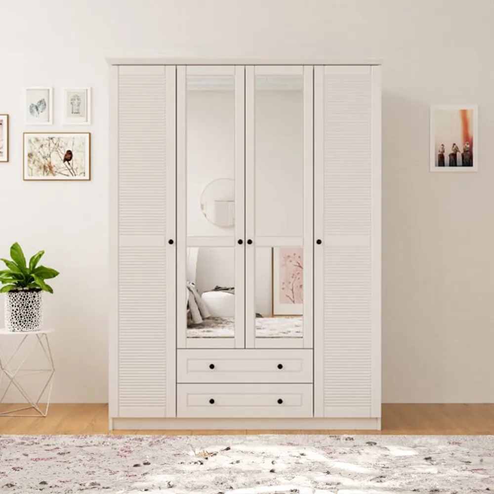 VOLET 4 Door 2 Drawer Mirrored Wardrobe - White
