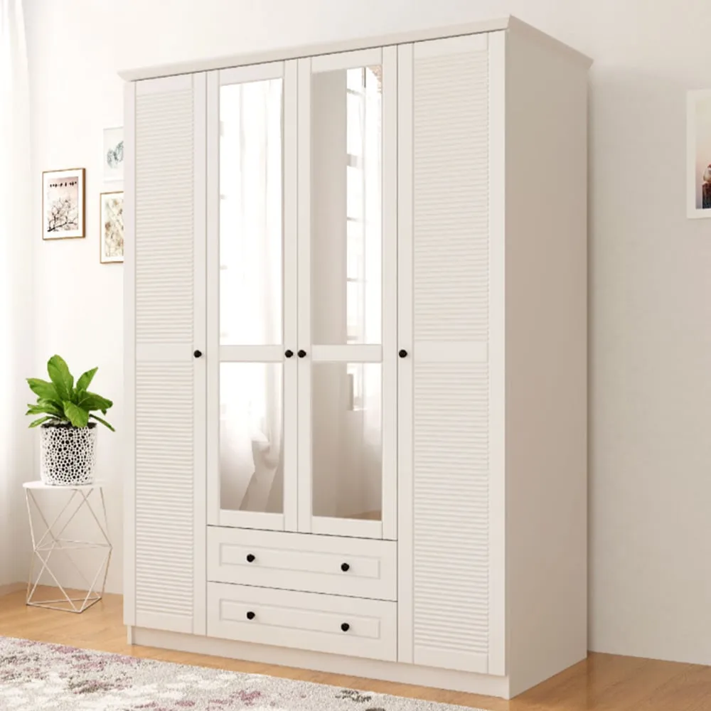 VOLET 4 Door 2 Drawer Mirrored Wardrobe - White