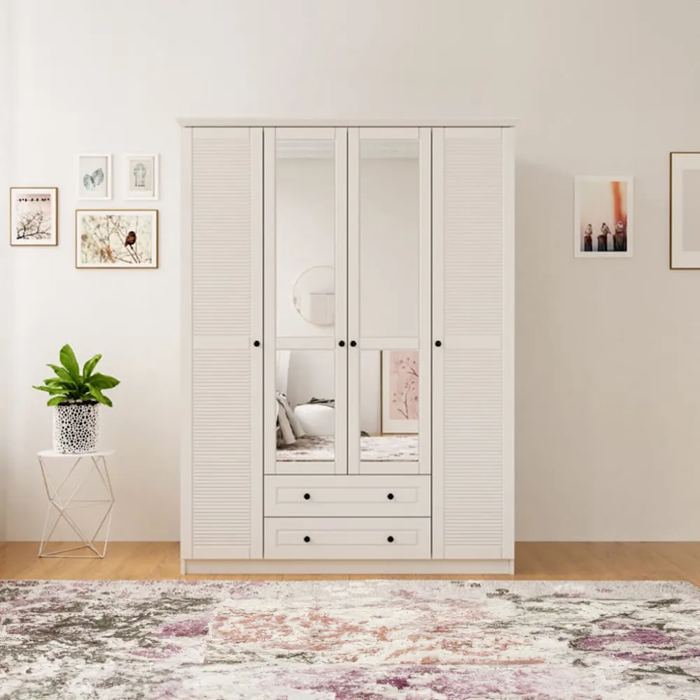 VOLET 4-Door XL Mirrored Wardrobe with Drawers - White