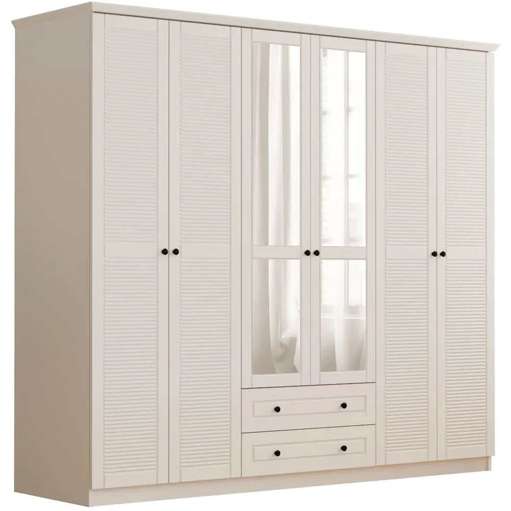 VOLET 6 Door 2 Drawer Mirrored Wardrobe - White, MDF