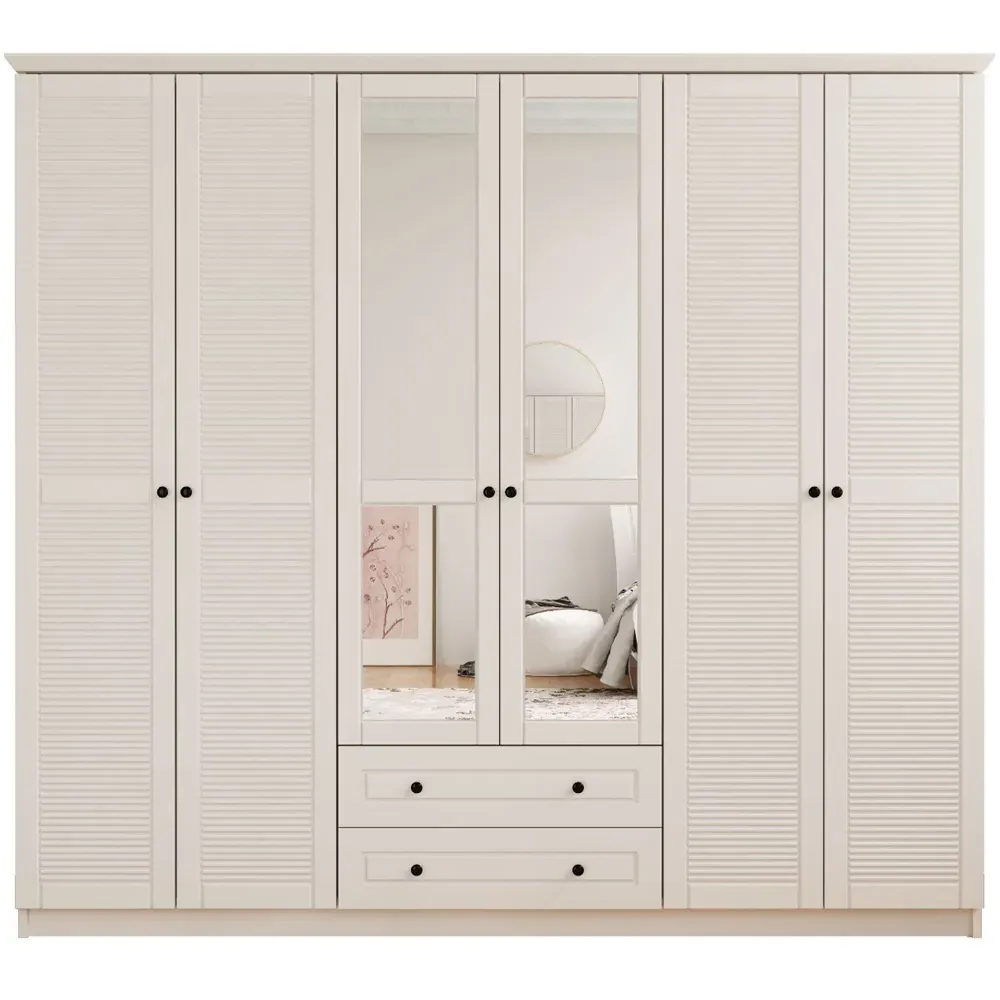 VOLET 6 Door 2 Drawer Mirrored Wardrobe - White, MDF