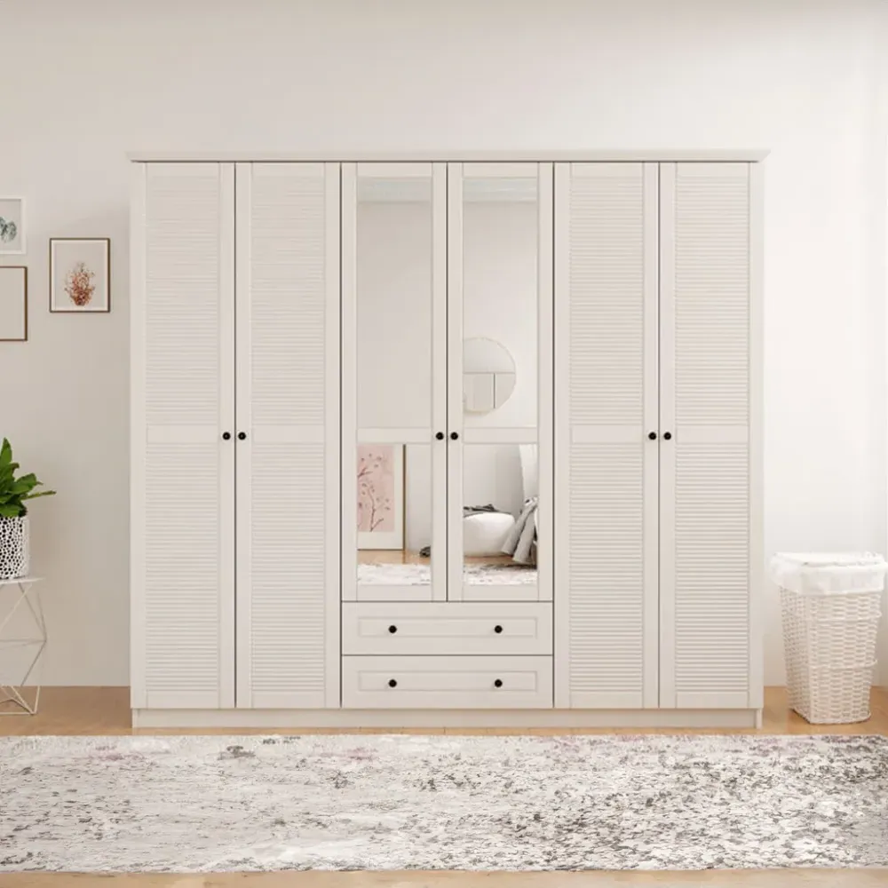 VOLET 6 Door 2 Drawer Mirrored Wardrobe - White, MDF