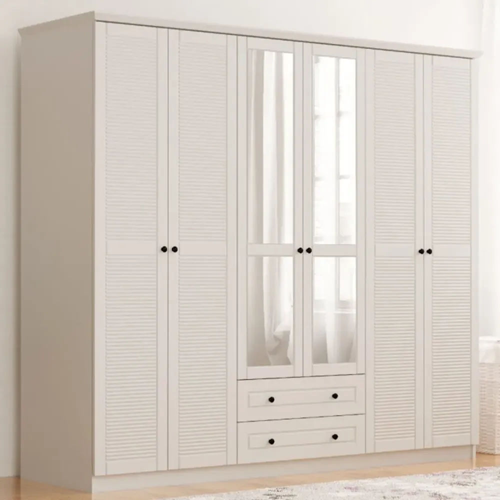 VOLET 6 Door 2 Drawer Mirrored Wardrobe - White, MDF image