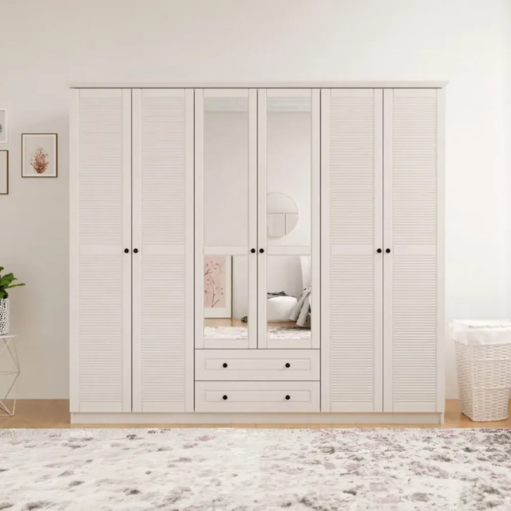 VOLET 6-Door XL Mirrored Wardrobe with Drawers - White