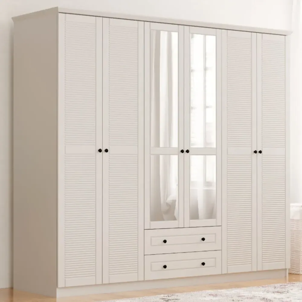 VOLET 6-Door XL Mirrored Wardrobe with Drawers - White