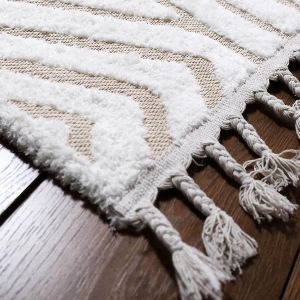 Waves Rug with Tassels - White, Cotton