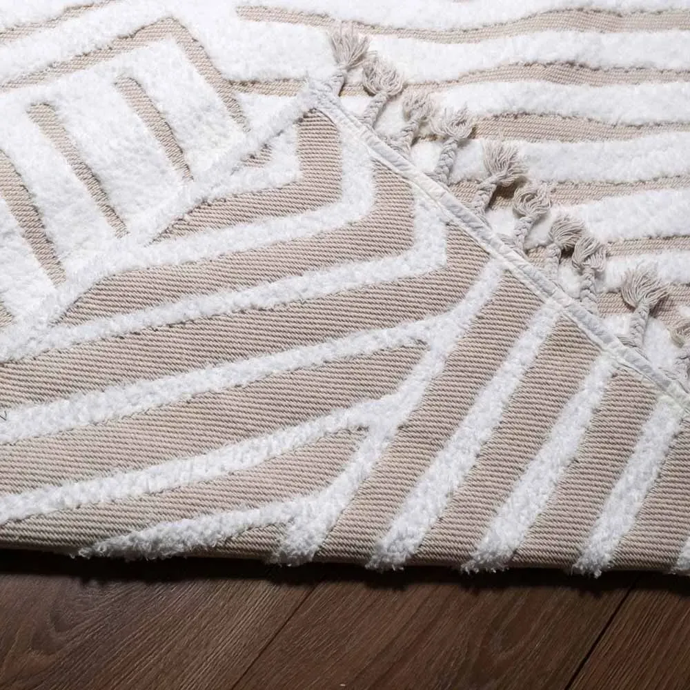 Waves Rug with Tassels - White, Cotton