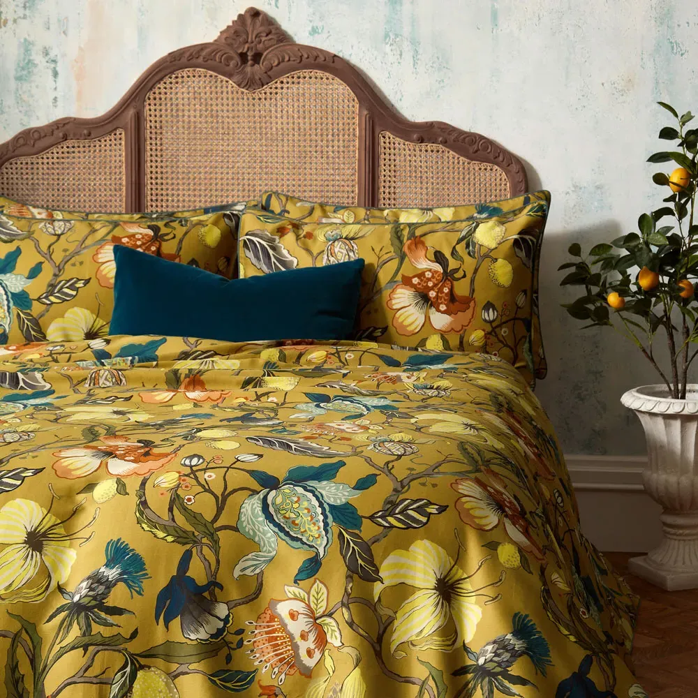 Morton Floral Super King Size Duvet Cover Set - Ochre, Cotton