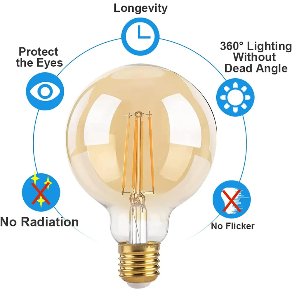 2 Pack E27 4W G95 Ball LED Light Bulb - Warm Amber